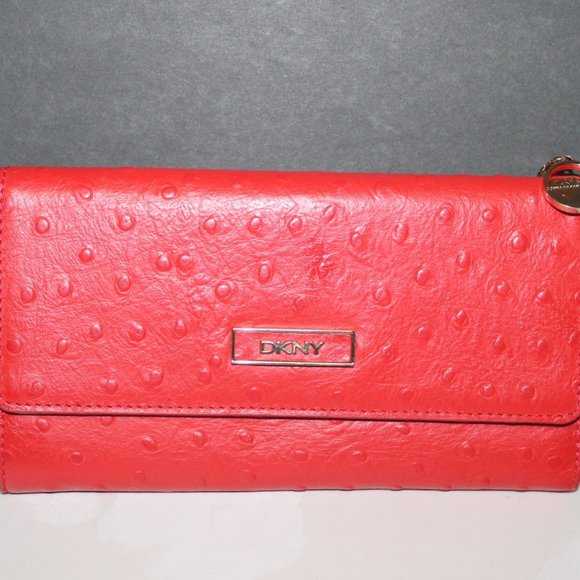 New DKNY Lipstick RED Ostrich Embossed Continental Wallet - Picture 2 of 9